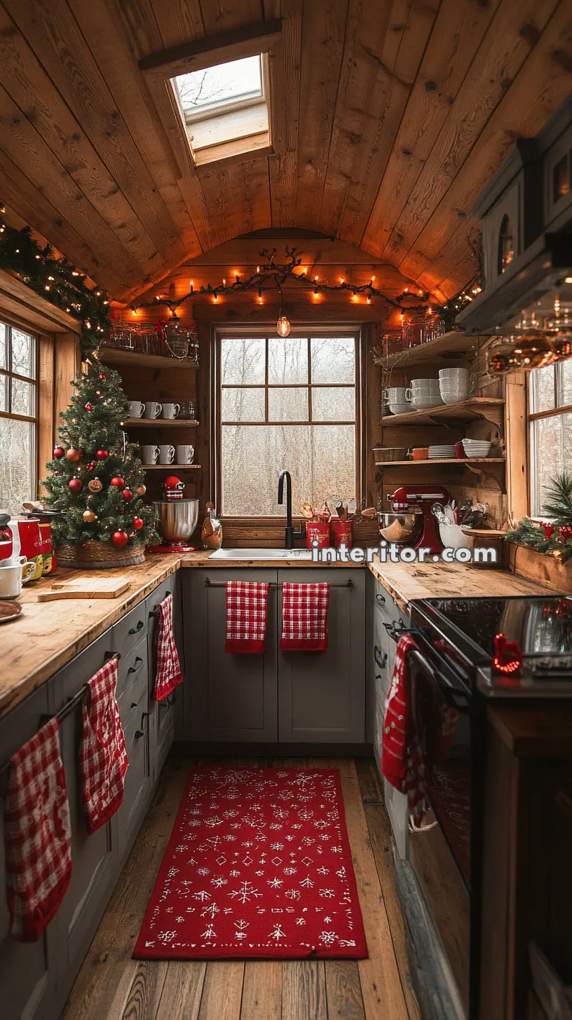 Cozy rustic kitchen with wooden cabinetry adorned with festive decor including a small Christmas tree ideal for small space living and interior design inspiration.